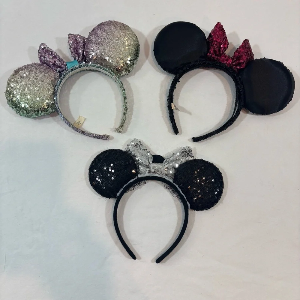 Disney Minnie Mouse Headband Ears With Bow Multicolor & Black Sequin Hat Mickey - Picture 2 of 6